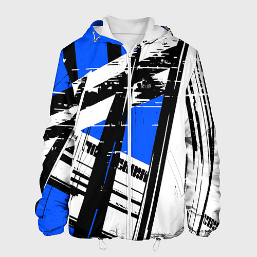 Мужская куртка Чёрно-белые абстрактные линии на синем фоне / 3D-Белый – фото 1