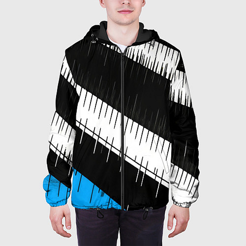 Мужская куртка Диагональные чёрно-белые полосы на синем фоне / 3D-Черный – фото 3
