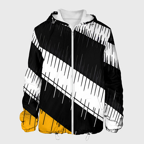 Мужская куртка Диагональные чёрно-белые полосы на жёлтом фоне / 3D-Белый – фото 1