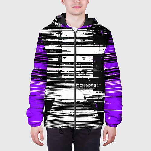 Мужская куртка Горизонтальные чёрные линии на бело-фиолетовом фон / 3D-Черный – фото 3