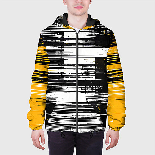 Мужская куртка Горизонтальные чёрные линии на бело-жёлтом фоне / 3D-Черный – фото 3
