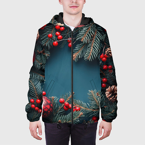Мужская куртка Новогодний фон и рябина / 3D-Черный – фото 3