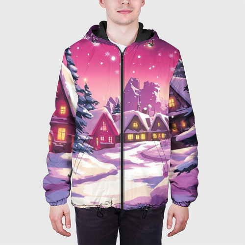 Мужская куртка Новогодние домики и фиолетовый закат / 3D-Черный – фото 3