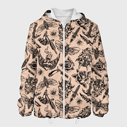 Куртка с капюшоном мужская Татуировка с цикадой и демоном Они - паттерн, цвет: 3D-белый