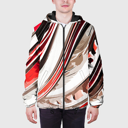 Мужская куртка Волнистая бело-красная абстракция / 3D-Черный – фото 3