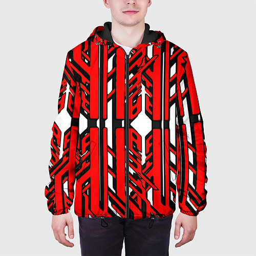Мужская куртка Чёрно-красные техно полосы на белом фоне / 3D-Черный – фото 3