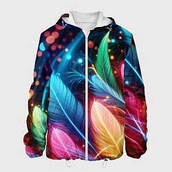 Куртка с капюшоном мужская Яркие красочные неоновые перья, цвет: 3D-белый