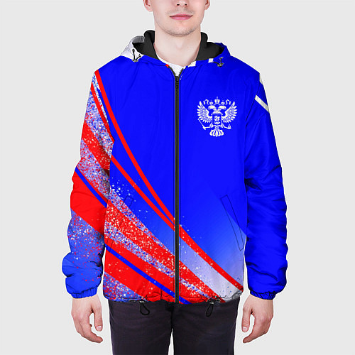 Мужская куртка Герб России на фоне цветов флага государства / 3D-Черный – фото 3