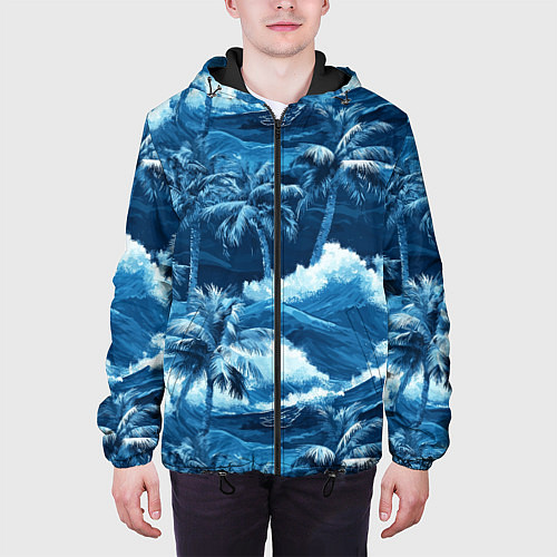 Мужская куртка Пальмы и волны - голубые оттенки паттерн / 3D-Черный – фото 3