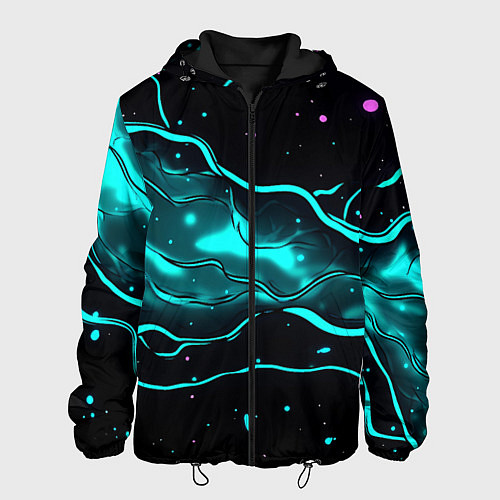Мужская куртка Голубые неоновые волны текстура / 3D-Черный – фото 1