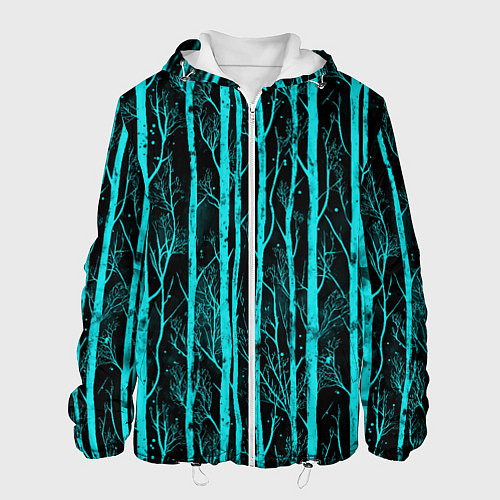 Мужская куртка Бирюзовые полоски-деревья на темном фоне - паттерн / 3D-Белый – фото 1