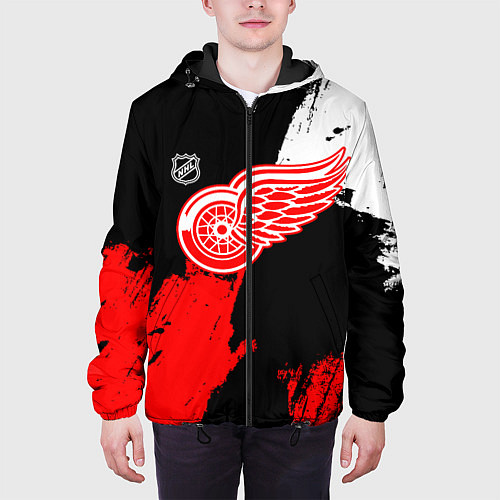 Мужская куртка Детройт Ред Уингз - брызги краска на черном фоне / 3D-Черный – фото 3