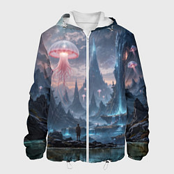 Куртка с капюшоном мужская Фантастический мир с медузами и озеро у гор, цвет: 3D-белый