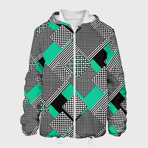 Мужская куртка Черно бирюзовая абстрактная геометрия пэчворк / 3D-Белый – фото 1
