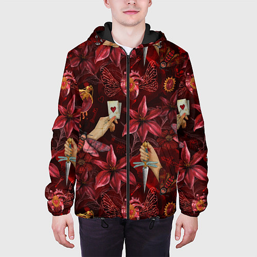 Мужская куртка Бордовая готика с сердцем, лилиями и мотыльками / 3D-Черный – фото 3