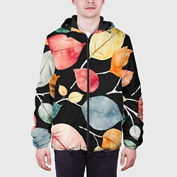 Куртка с капюшоном мужская Разноцветные акварельные листья на чёрном, AI, цвет: 3D-черный — фото 2