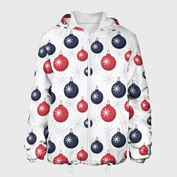 Куртка с капюшоном мужская Синие и красные новогодние шары со снежинками, цвет: 3D-белый