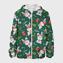 Куртка с капюшоном мужская Новогодние зайчики, цвет: 3D-белый