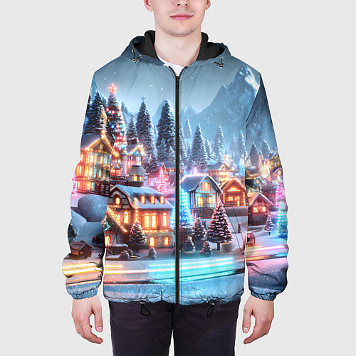 Мужская куртка Городок в новогодних огоньках / 3D-Черный – фото 3
