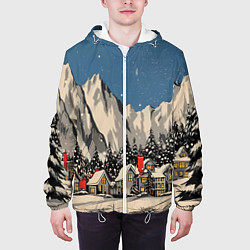 Куртка с капюшоном мужская Небольшой новогодний город в горах, цвет: 3D-белый — фото 2