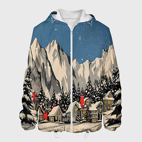 Мужская куртка Небольшой новогодний город в горах / 3D-Белый – фото 1