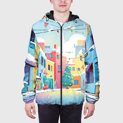 Мужская куртка Разноцветный новогодний дворик / 3D-Черный – фото 3