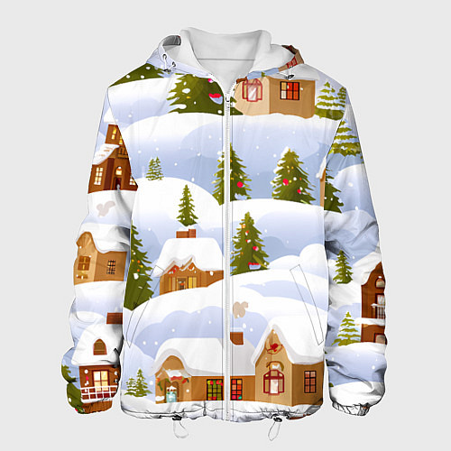 Мужская куртка Новогодние домики и елочки / 3D-Белый – фото 1