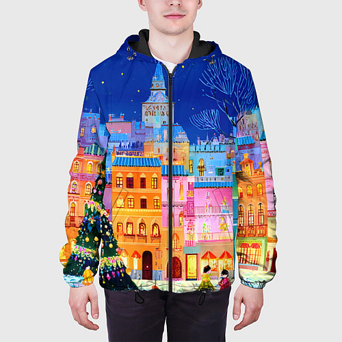 Мужская куртка Разноцветные новогодние домики / 3D-Черный – фото 3