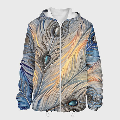 Мужская куртка Синие перья с самоцветами / 3D-Белый – фото 1