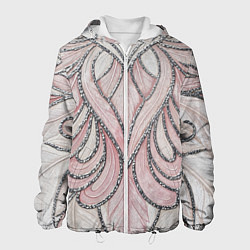 Куртка с капюшоном мужская Нежно розовый орнамент из перьев, цвет: 3D-белый