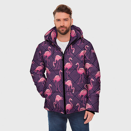 Мужская зимняя куртка Фиолетовые фламинго / 3D-Светло-серый – фото 3