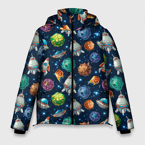 Мужская зимняя куртка Мультяшные планеты / 3D-Черный – фото 1