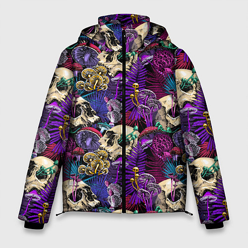 Мужская зимняя куртка Психоделика - черепа и грибы / 3D-Черный – фото 1