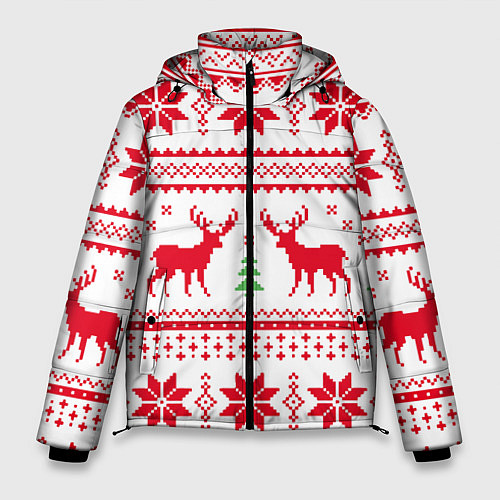 Мужская зимняя куртка Новогодний узор с оленями / 3D-Красный – фото 1