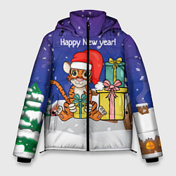 Куртка зимняя мужская Новый год 2022 - Тигр с подарками, цвет: 3D-красный