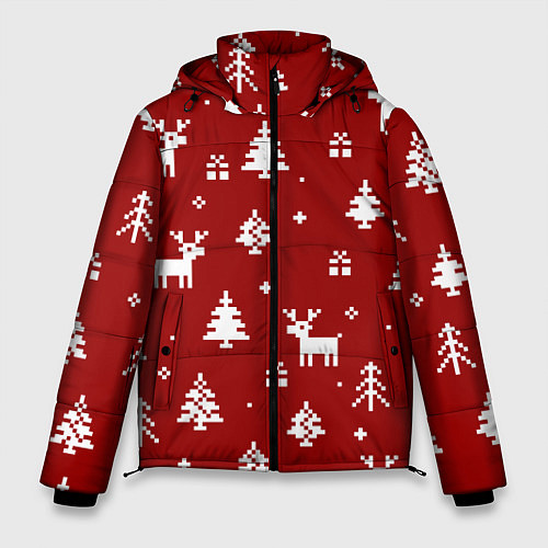 Мужская зимняя куртка Новогодние олени и елки на красном фоне / 3D-Красный – фото 1