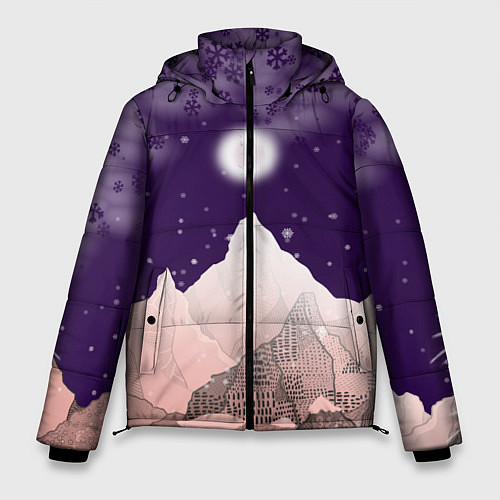 Мужская зимняя куртка Зимнее лунное небо в горах со снегопадом / 3D-Черный – фото 1