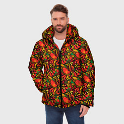 Куртка зимняя мужская Желтые и красные цветы, птицы и ягоды хохлома, цвет: 3D-черный — фото 2