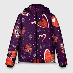 Куртка зимняя мужская Красно-белые сердечки и слово love на темно фиолет, цвет: 3D-красный
