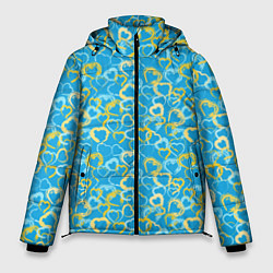 Куртка зимняя мужская Золотые и голубые сердца на небесно-синем фоне, цвет: 3D-светло-серый