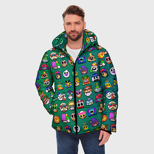 Мужская зимняя куртка Значки на скины Бравл Старс Brawl Зеленый градиент / 3D-Светло-серый – фото 3