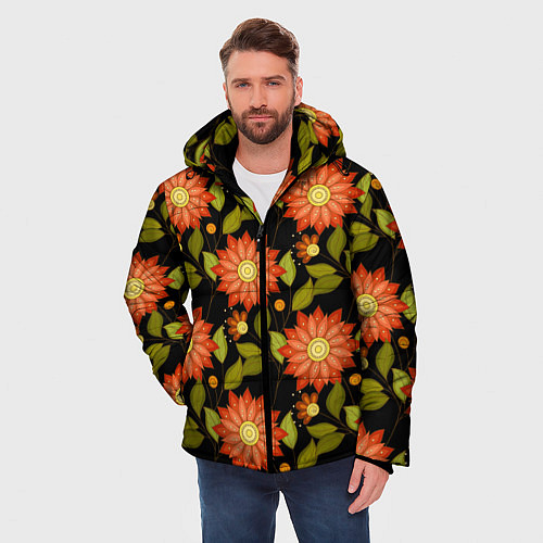 Мужская зимняя куртка Оранжевые цветы на черном фоне / 3D-Светло-серый – фото 3