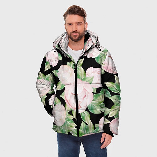 Мужская зимняя куртка Цветы Нарисованные Пионы / 3D-Светло-серый – фото 3