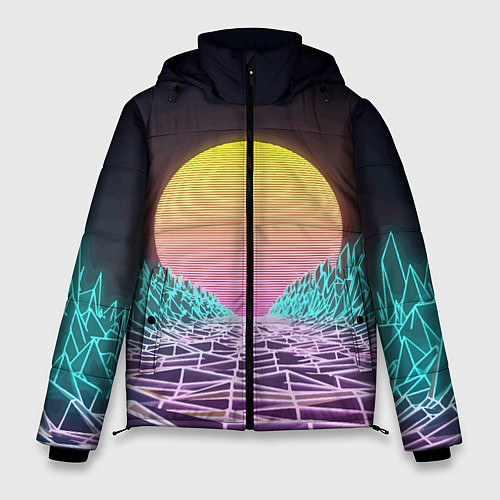 Мужская зимняя куртка Vaporwave Закат солнца в горах Neon / 3D-Черный – фото 1