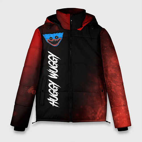 Мужская зимняя куртка Надпись и лицо Huggy Wuggy на темном фоне с огнем / 3D-Черный – фото 1