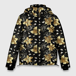 Мужская зимняя куртка Золотые цветы на черном фоне