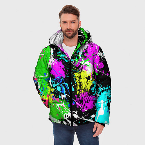 Мужская зимняя куртка Разноцветные пятна краски на черном фоне / 3D-Светло-серый – фото 3