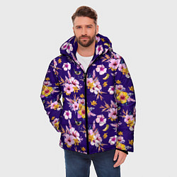 Куртка зимняя мужская Цветы Разноцветные Гибискус и Ирисы На Синем Фоне, цвет: 3D-светло-серый — фото 2