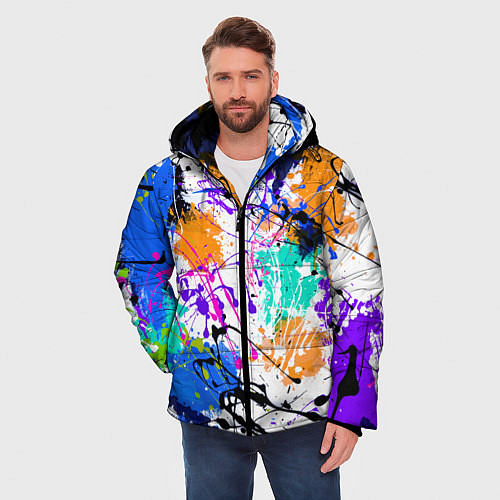 Мужская зимняя куртка Брызги и мазки разноцветных красок на белом фоне / 3D-Светло-серый – фото 3