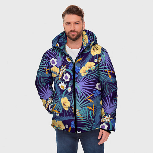 Мужская зимняя куртка Цветы Фиолетовые Гибискусы / 3D-Светло-серый – фото 3